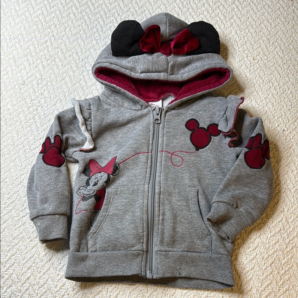 🧡2T Disney Kids Minnie Mouse Gray and burgundy Hoodie with Red Accents